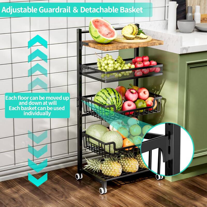 5 Tier Fruit Basket Kitchen Storage Cart, Adjustable Fruit and Vegetable Basket, Wooden Top Table Fruit Rack