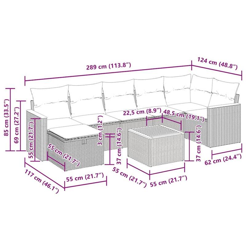 vidaXL 7 Piece Patio Sofa Set with Cushions Black Poly Rattan - 21.7 x 24.4 x 27.2