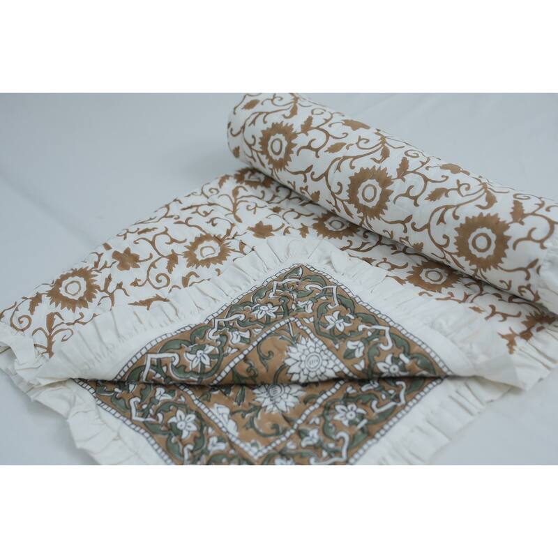 Fabdivine Luxury Hand Block Print Cotton Quilt Floral Boho Bedding for Bedroom & Sofa, Mustard, Handmade Reversible Bedspread