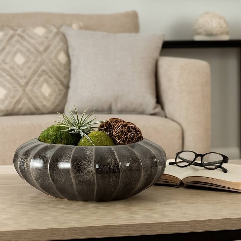 Decorative Round Ribbed Pottery Bowl with Glazed Finsih - 14", Black - 14.5"