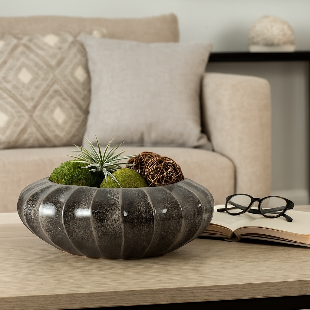 Decorative Round Ribbed Pottery Bowl with Glazed Finsih - 14", Black - 14.5"
