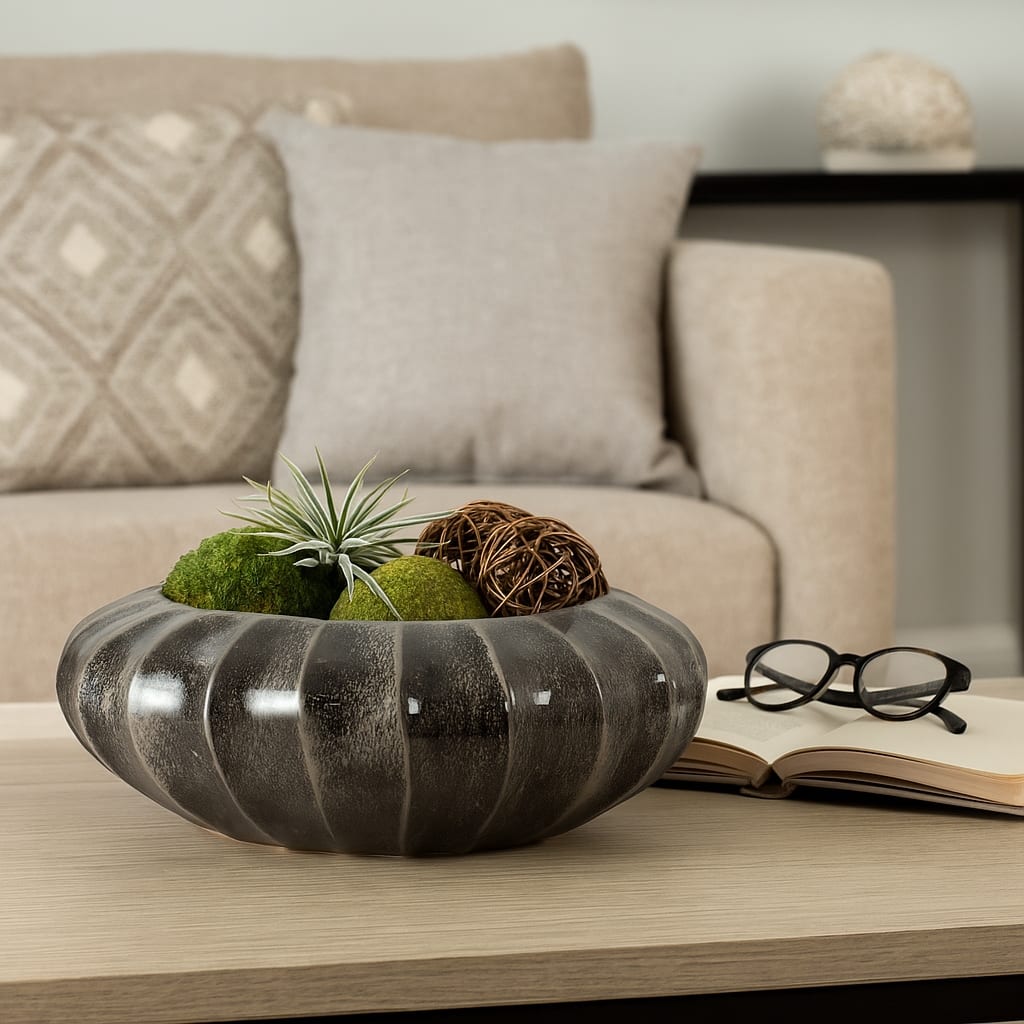 Decorative Round Ribbed Pottery Bowl with Glazed Finsih - 14", Black - 14.5"