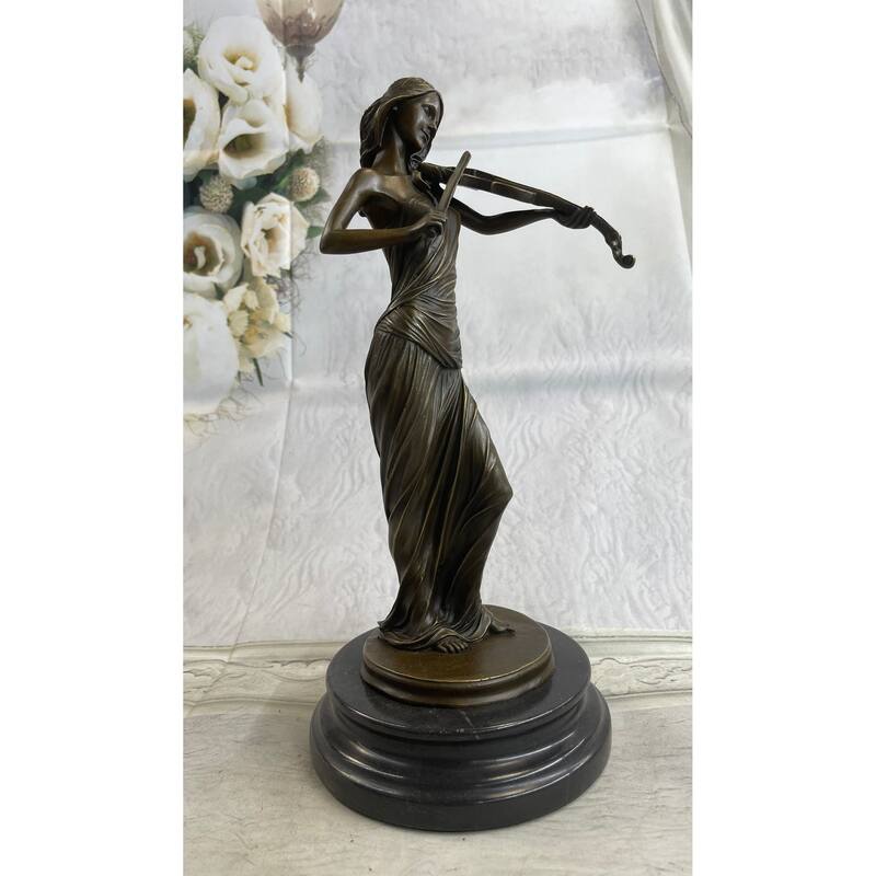 Brown Color Patina Bronze Sculpture Violin Player Viola Musician Marble Figurine