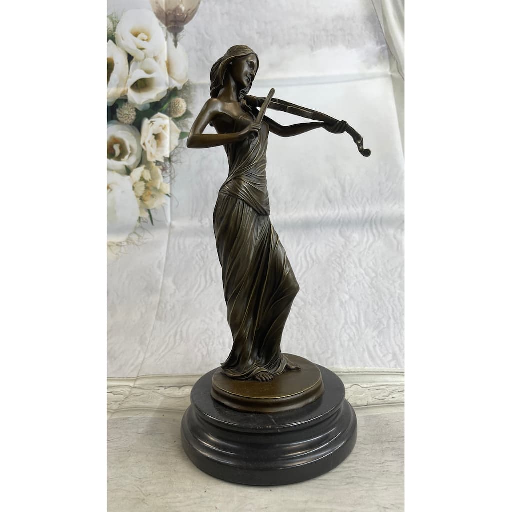 Brown Color Patina Bronze Sculpture Violin Player Viola Musician Marble Figurine