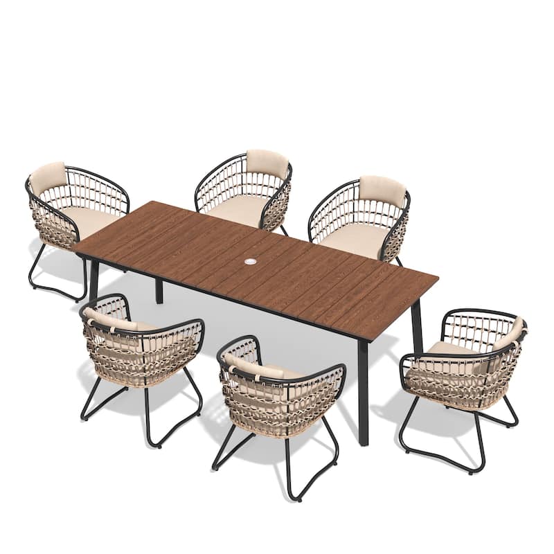 7-Piece Outdoor Rectangle Patio Dining Table with Umbrella Hole and Cushioned Chairs
