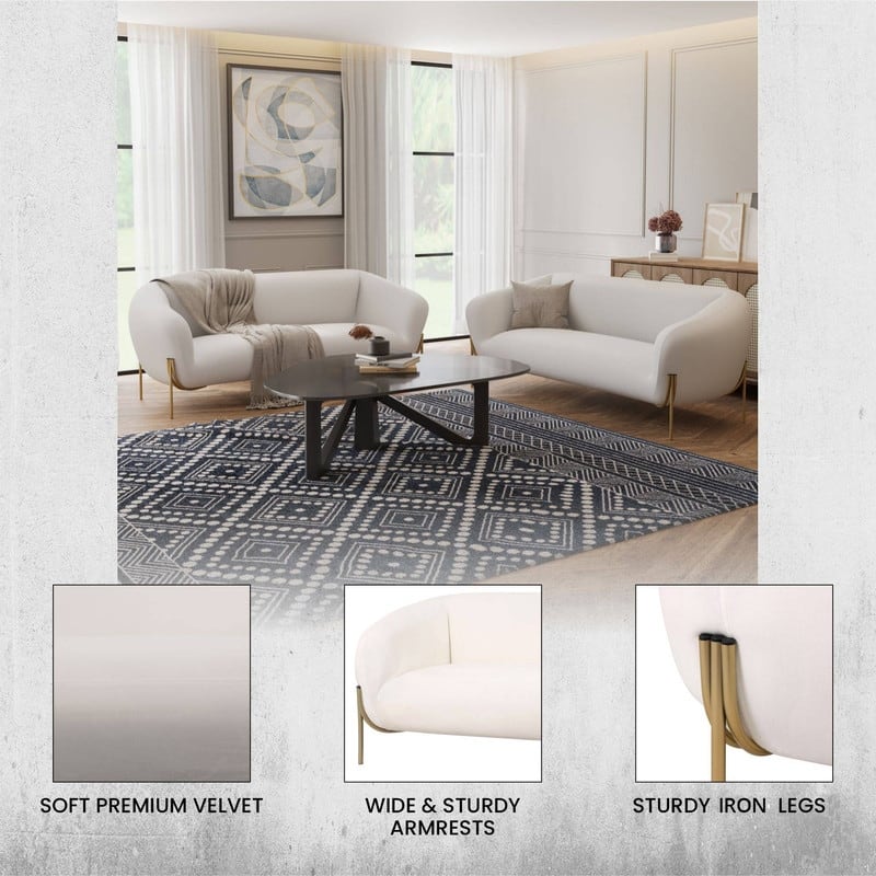 Zuno Modern Velvet Upholstered 3-Seater Sofa with Curved Seamless Design Gold Metal Base Plush Foam Cushions Easy Assembly