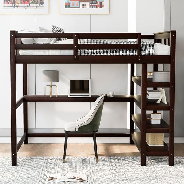 slide 2 of 15, Full Size Wooden Loft Bed with Storage Shelves and Under-bed Desk Espresso