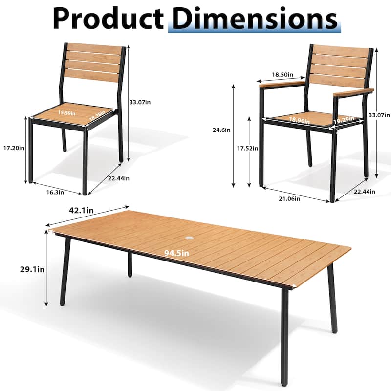 VredHom 7/9-Piece Outdoor Patio Aluminum Dining Table with Stackable Chairs Umbrella Hole