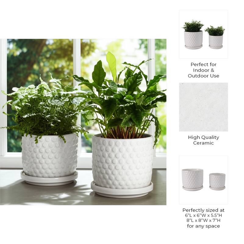 Ceramic Planters with Textured Bubble Surface and Saucers (Set of 2) - 8" x 8" x 7"