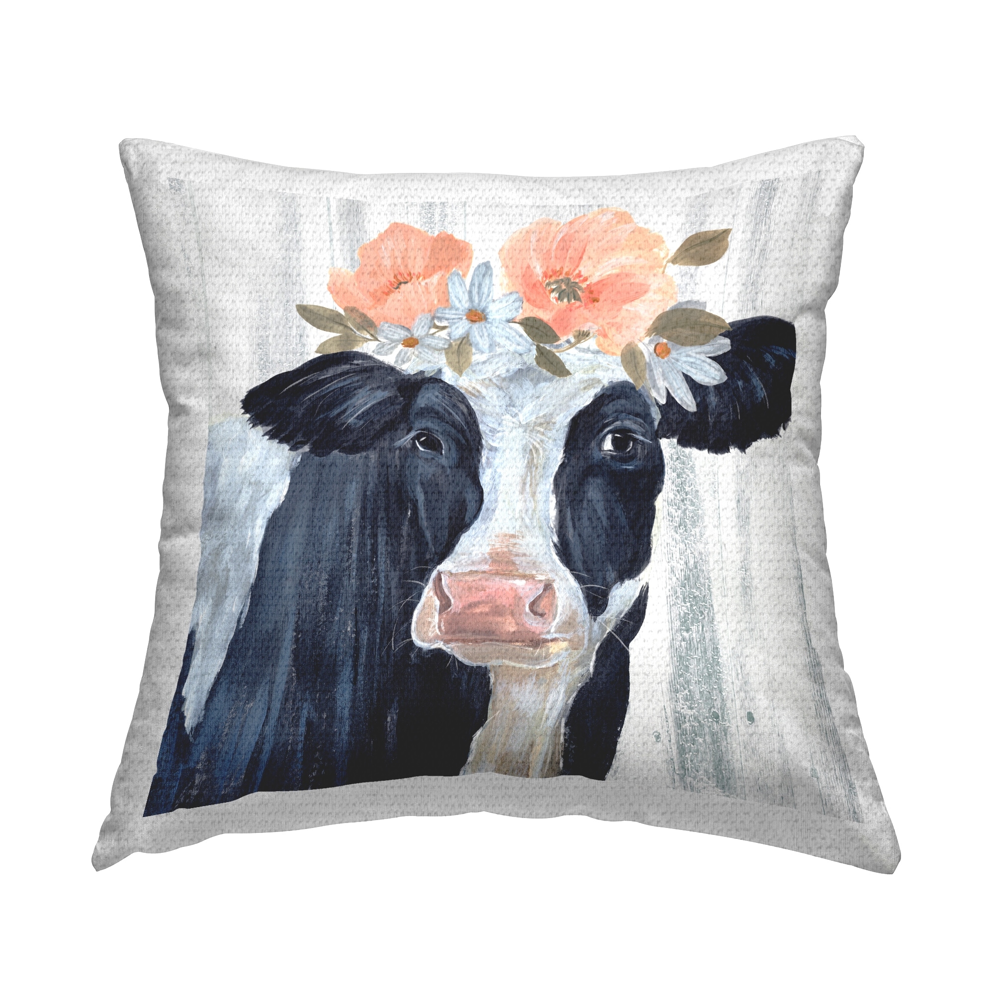 Stupell Pink Floral Farm Cow Portrait Printed Outdoor Throw Pillow Design by Annie Warren