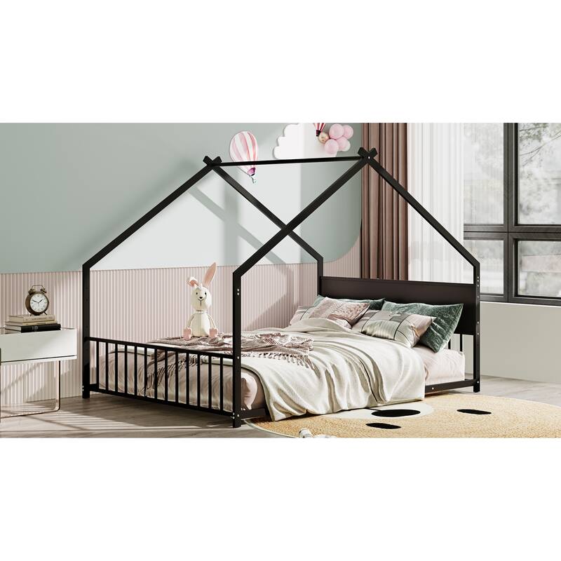 House Bed with Roof and Colorful Lights, House-shaped Frame Floor Bed with House Roof Frame, Metal Bed Frame with Slats and Legs