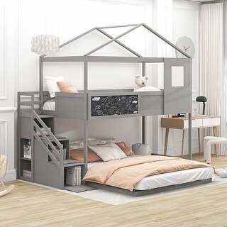 Twin over Full Wooden House Bunk Bed with Storage Staircase and ...