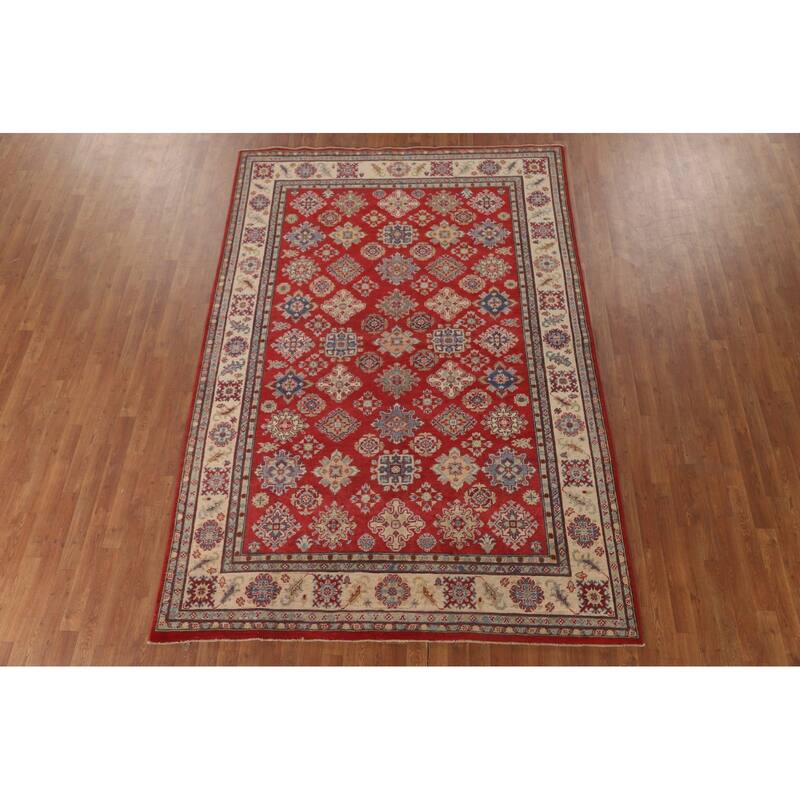 All-Over Geometric Kazak Area Rug Hand-Knotted Wool Carpet - 6'6" x 9'6"
