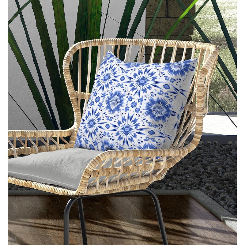 Batik Bliss Indoor/Outdoor Reversible Throw Pillow Blue and White