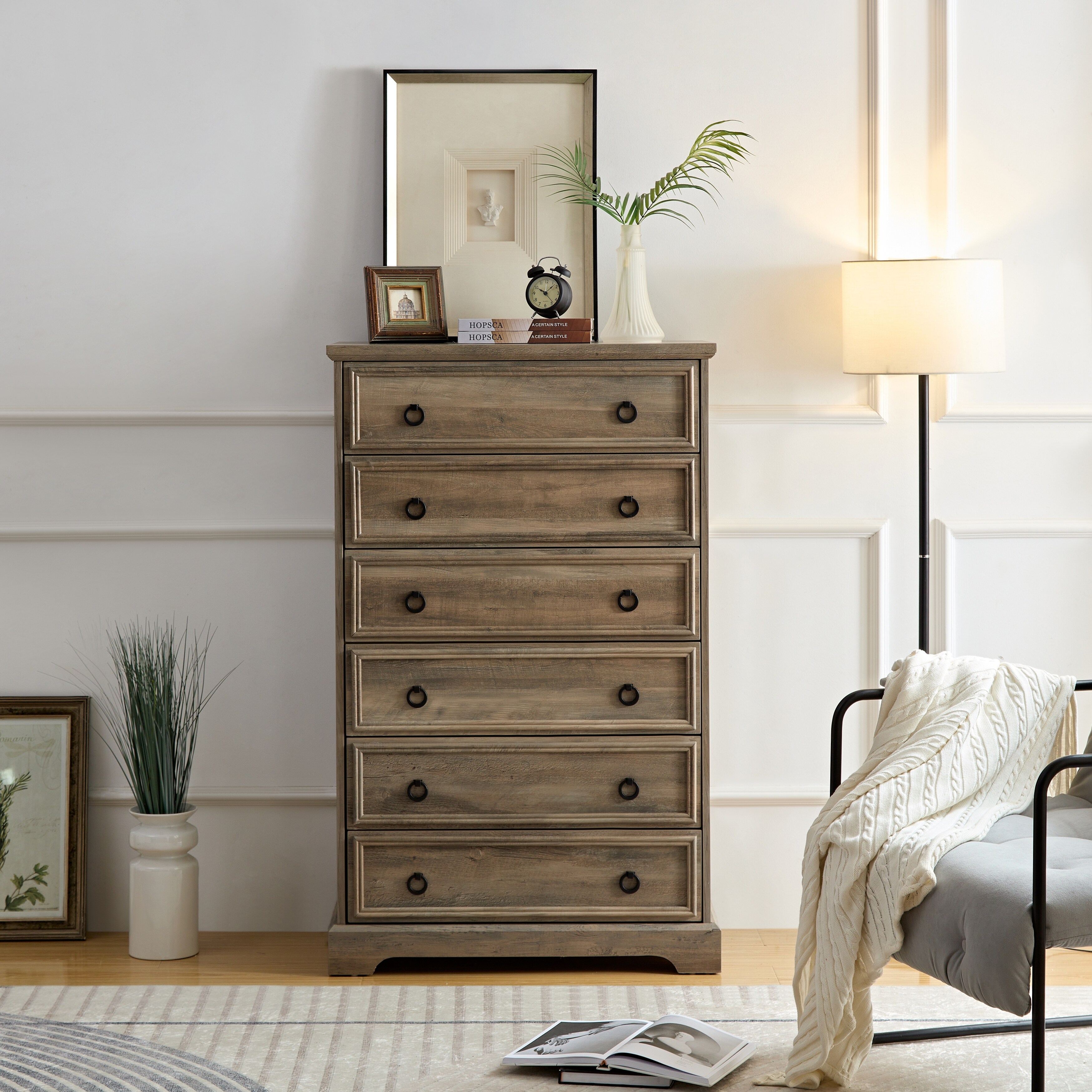 Modern 6 Drawer Dresser for Bedroom Tall Chest of Drawers Closet Organizer with Easy Pull Handles Textured Borders Grey Wash