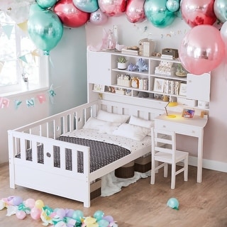 White Twin Size Wood Platform Bed with Bookshelf, House Bed with Built-in Desk and Matching Chair