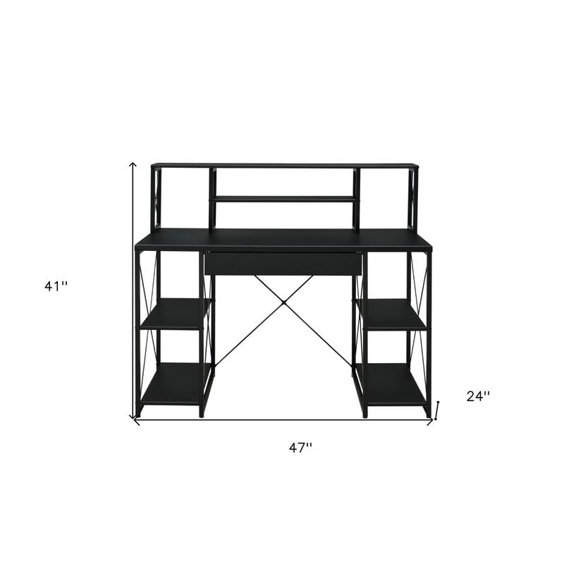 Wood Computer Desk with Black Metal Base, Drawer and 6 Shelves