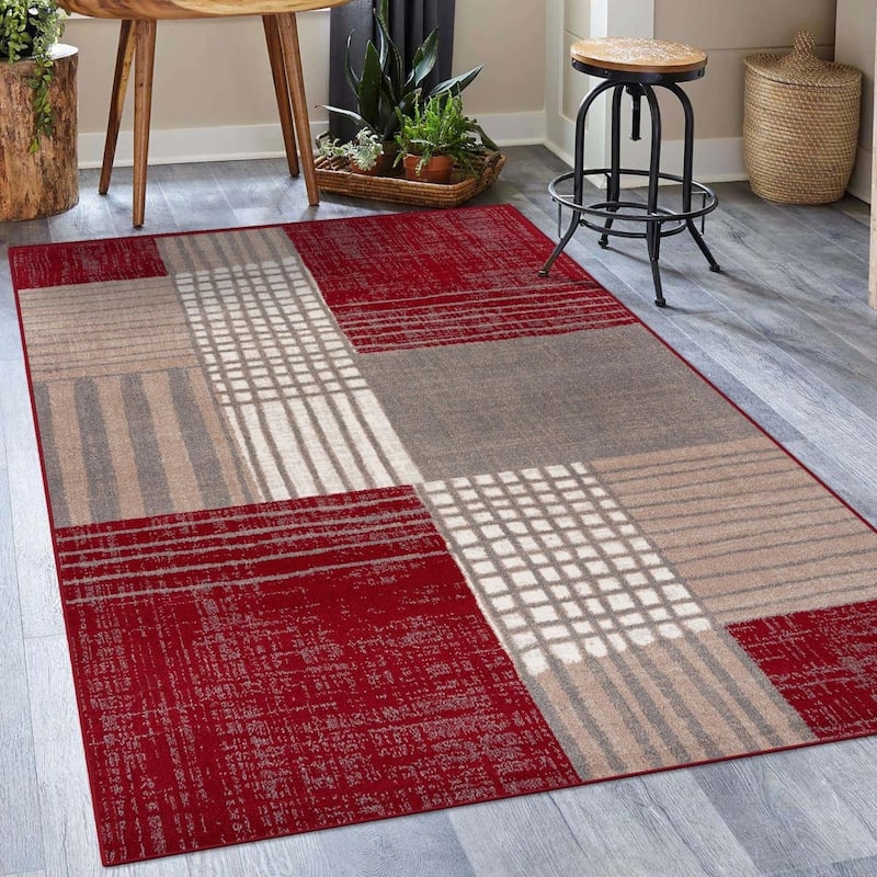 Luxe Weavers Modern Plaid Area Rug, Indoor Rug - 9' x 12' - Red