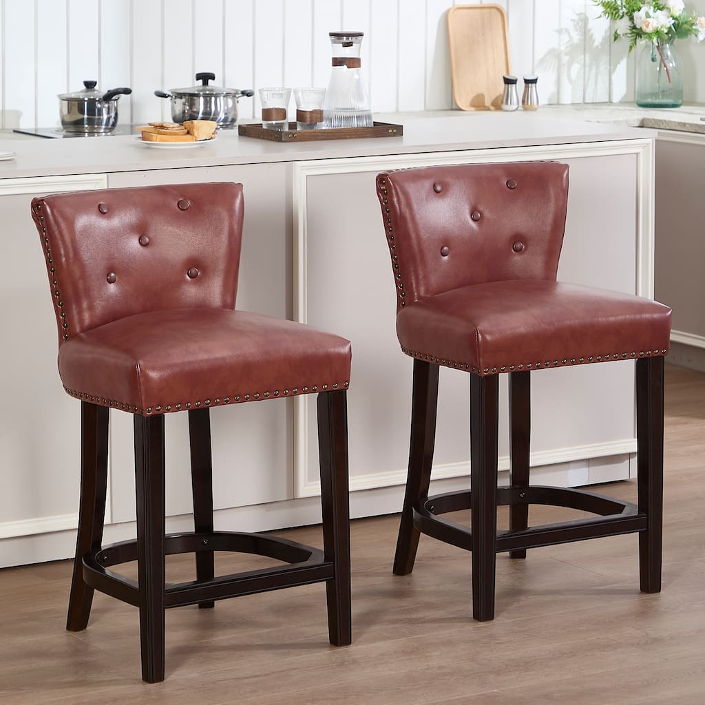Set of 2 Cow Print Leather Bar Stools with Back, Fixed Height Wooden Frame, Brown