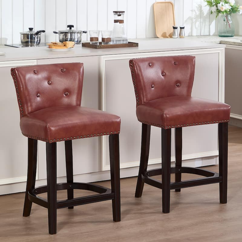 Set of 2 Cow Print Leather Bar Stools with Back, Fixed Height Wooden Frame, Brown