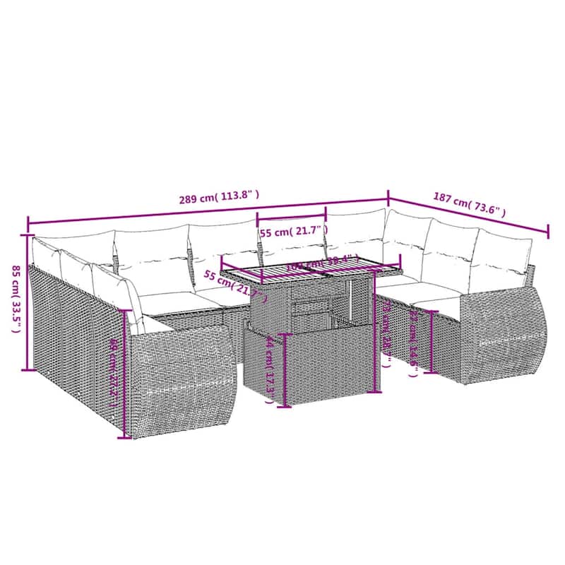 vidaXL Patio Sofa Set with Cushions Outdoor Furniture 10 Piece Poly Rattan - 24.4 x 24.4 x 27.2