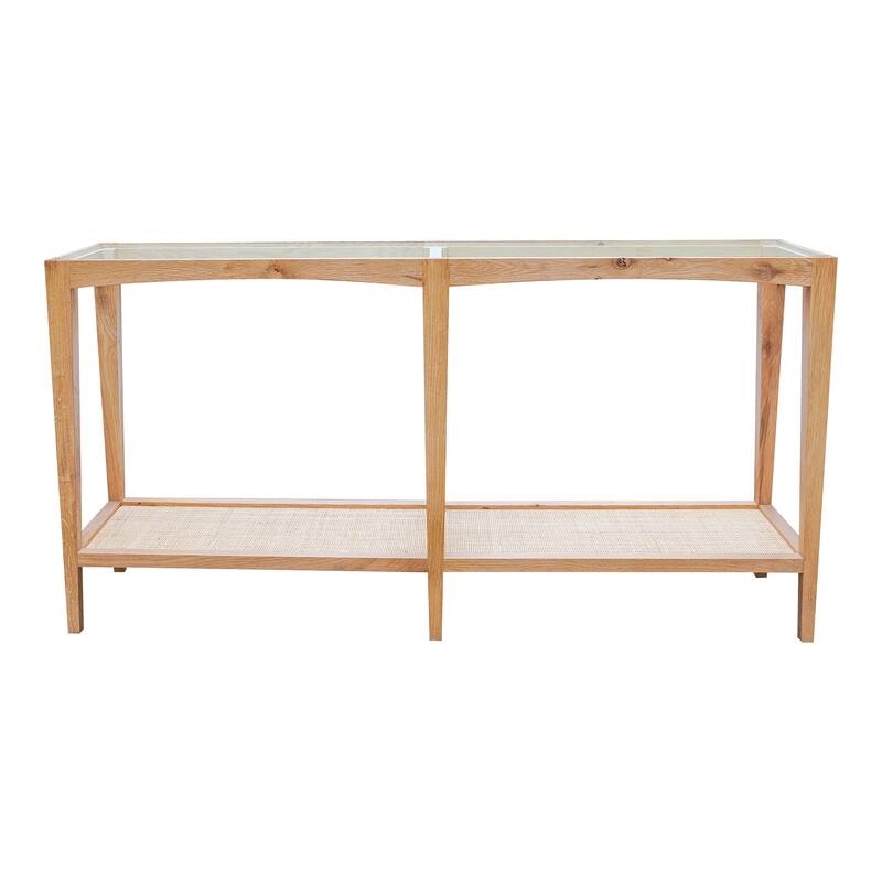 Aurelle Home Modern Glass Top Console Table w/ Rattan Shelf
