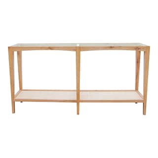 Aurelle Home Modern Glass Top Console Table w/ Rattan Shelf