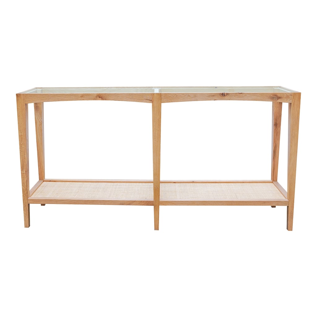 Aurelle Home Modern Glass Top Console Table w/ Rattan Shelf