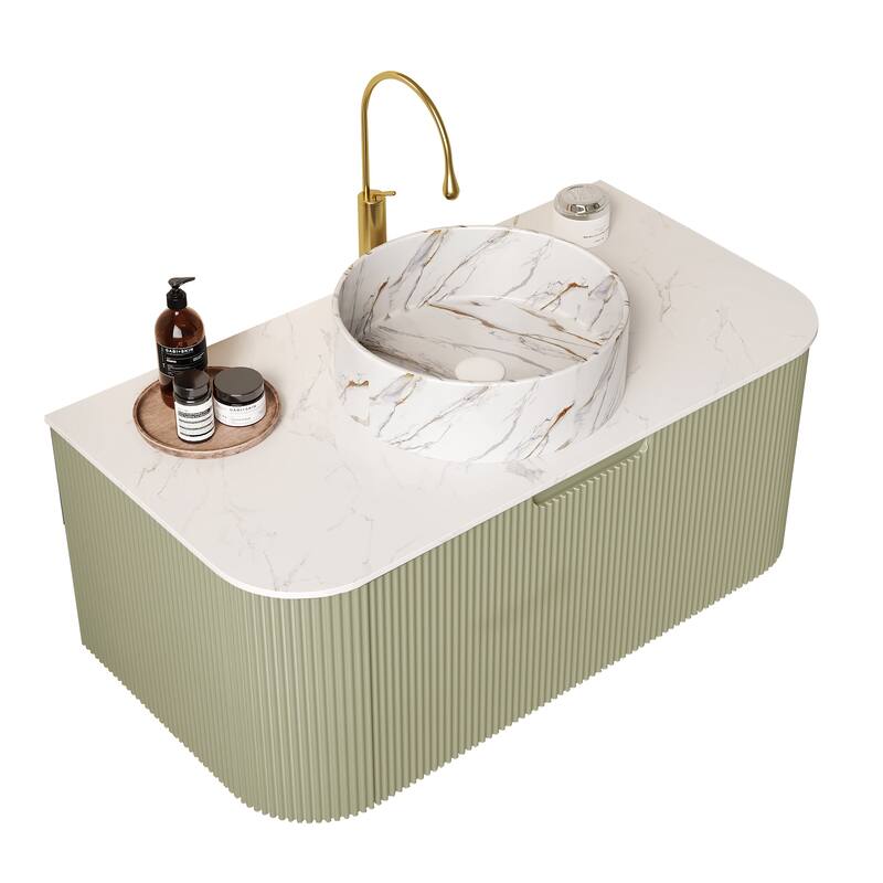 24 Inch/30 Inch/36 Inch Wall-Mounted Bathroom Vanity Cabinet with Counter Top Sink, Round Ceramic Basin with Stone Pattern