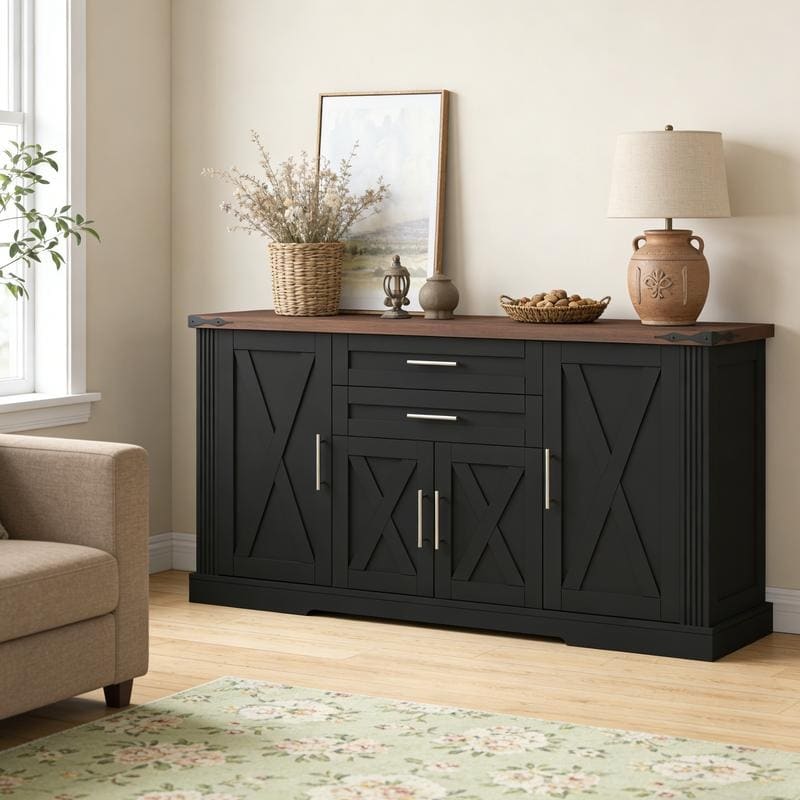 63" Farmhouse Barn Door Storage Cabinet with 2 Drawers & Door Rack, Large Buffet Cabinets with Adjustable Shelves