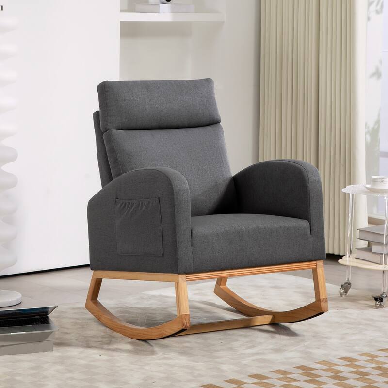 Nursery Chair Rocking Chair Glider Chair, Upholstered Accent Chair with Rubber Wood Legs, Comfy High Backrest, Side Pockets - Dark Gray