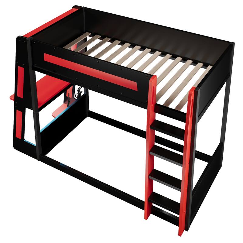 Roomfitters Twin/Full Over Twin Wooden Gaming Bunk Bed with Desk and LED Lights