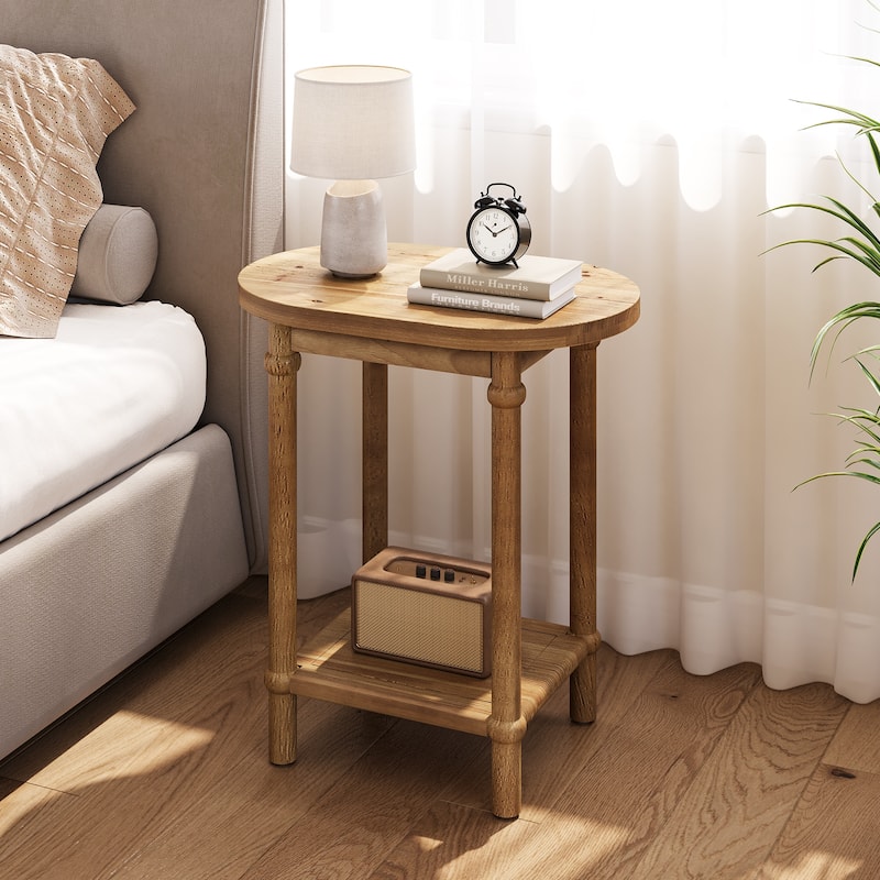 2-Tier Solid Wood End Table with Storage Shelves, Side Accent Table Nightstand for Living Room Bedroom
