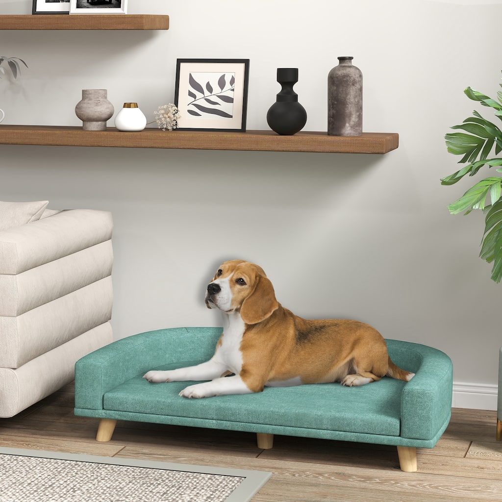 Light Green Pet Sofa with Polyester Fabric, Pine Legs and Removable Cover - 38.6" L x 26.4" W x 9.8" H