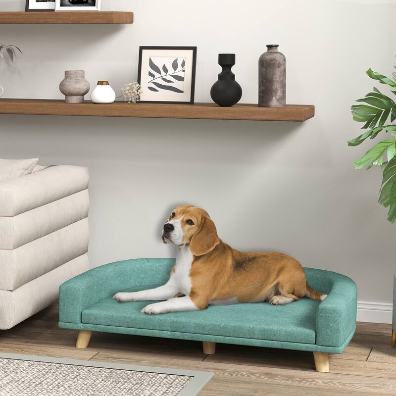 Light Green Pet Sofa with Polyester Fabric, Pine Legs and Removable Cover - 38.6" L x 26.4" W x 9.8" H