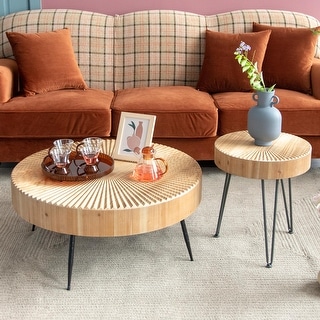 COZAYH 2-Piece Farmhouse Living Room Coffee Table Set, Nesting Coffee Table Round Natural Wood Finish