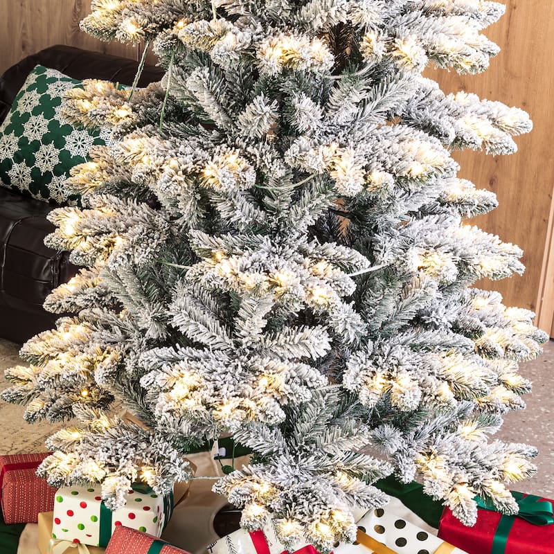 Glitzhome 6FT/7.5FT/9FT Warm White or Multi-Colored Pre-Lit Flocked Pine Artificial Christmas Tree