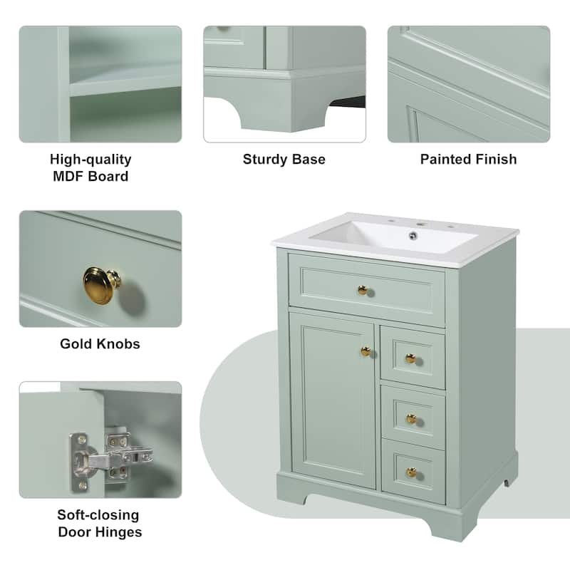 24" Bathroom Vanity with Sink, MDF & Pinewood Construction, 3 Drawers & Cabinet with 2-Tier Door Storage Rack, Soft-Close