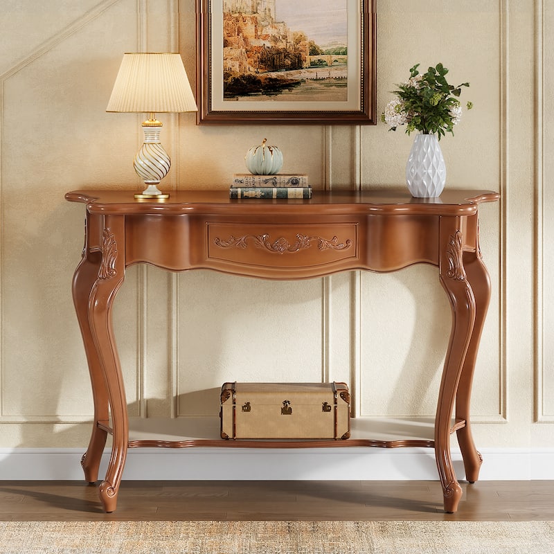 Mid-Century Modern Vintage Console Table with Shelf - Brown