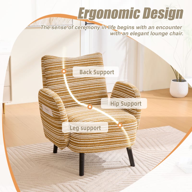 Boucle Upholstered Lounge Armchair, Reading Chair with Side Storage Pocket, Single Sofa Chair with Solid Wood Legs