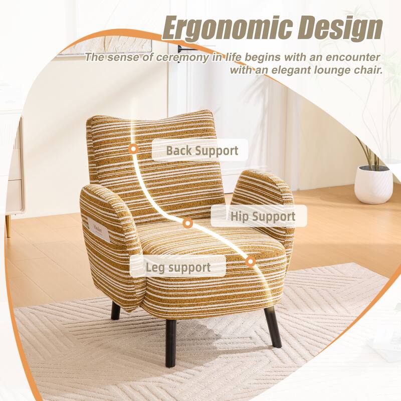 Modern style armchair with sanded fabric, Side storage pocket, Solid wood legs, Comfortable reading chair for living room