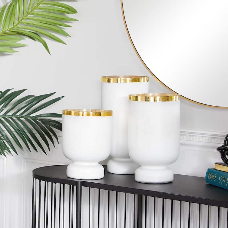 Glass Pillar Hurricane Lamp with Ombre Effect and Gold Interior - Set of 3 Silver, White, Blue - Roche River Decor
