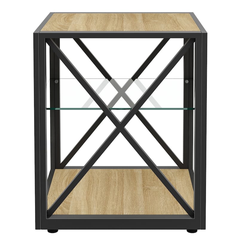 1 piece Modern End Table Nightstand, Tempered Glass&Natural Wood MDF Top ,Industrial Style Side Table