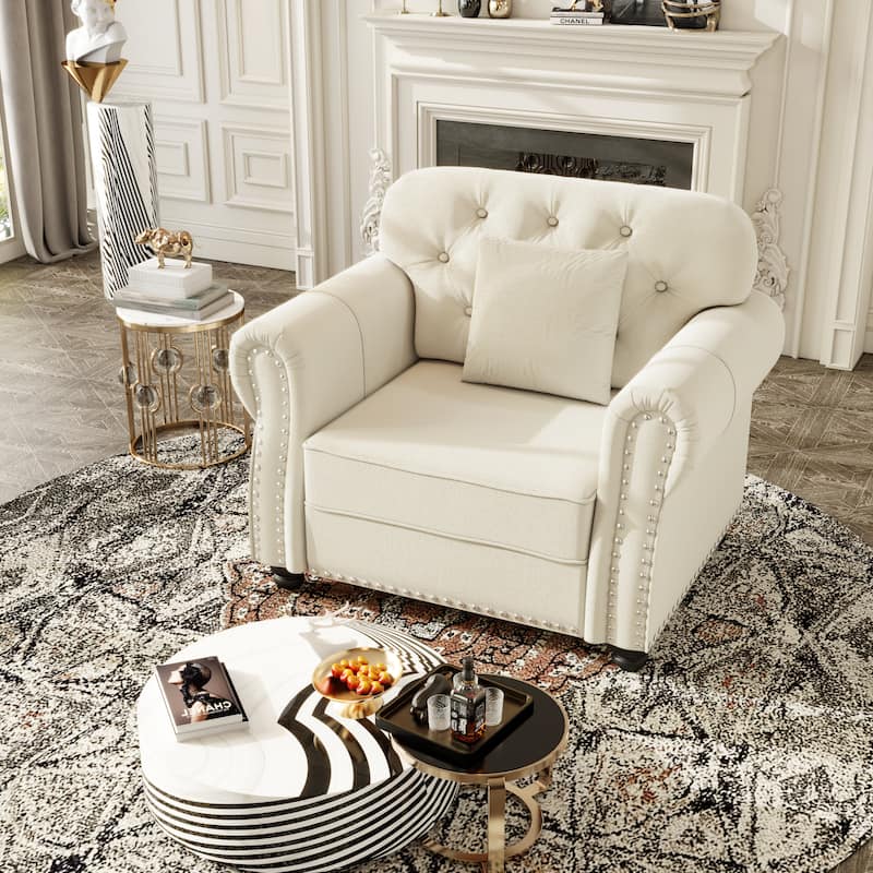 Velvet Chaise Lounge Chair with Ottoman, Mid-Century Modern Chesterfield Single Sofa Chair with Rolled Arms & Nailhead Trim