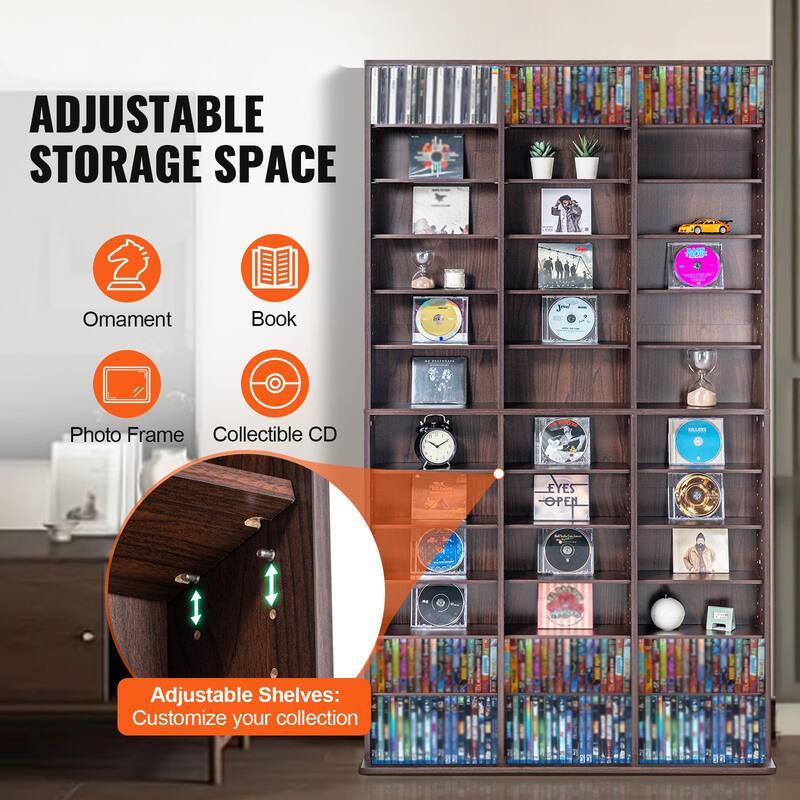 Espresso 12-Layer Media Storage Cabinet with Adjustable CD Shelves and 36 Compartments - 40.08" x 9.09"W x 71.26"