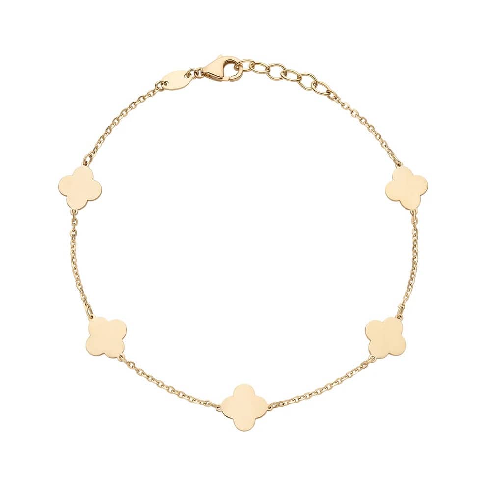 14k Yellow Gold Italian 7" Polished 7mm Clover or Heart 5 Station Bracelet