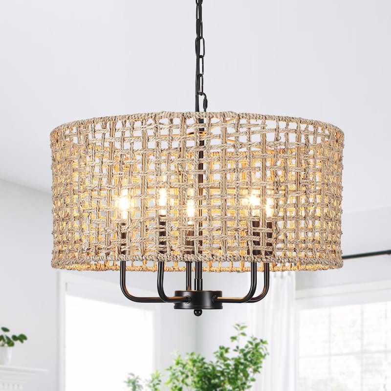 5 - Light Dimmable Drum Chandelier Natural Rattan Bohemian & Coastal Pendant - 18.9 in - Black/Brown