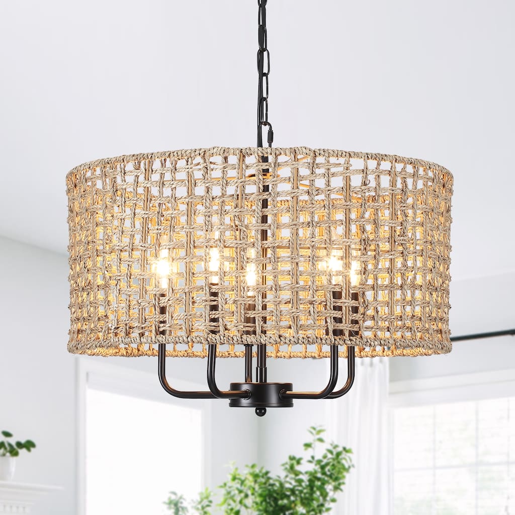 Bohemian & Coastal 5-Light Dimmable Drum Chandelier Natural Seagrass Rattan Pendant Light - 18.9 in
