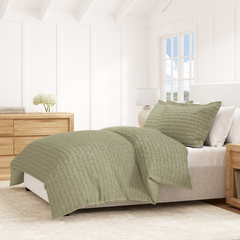 Linery & Co. 100% Cotton Reversible Honeycomb Waffle / Percale Duvet Cover Set - Eucalyptus Green - King