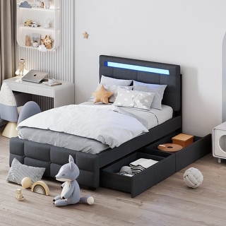 Twin Size Upholstered Platform Bed with LED Lighting and Storage Drawers, Modern Design with Lattice Headboard